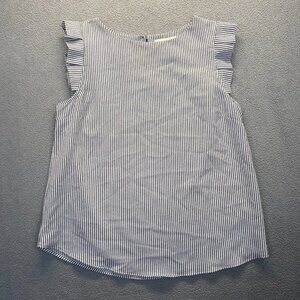 Monteau‎ Top Teens Size M Blue White Striped Short Sleeve Ruffled Blouse